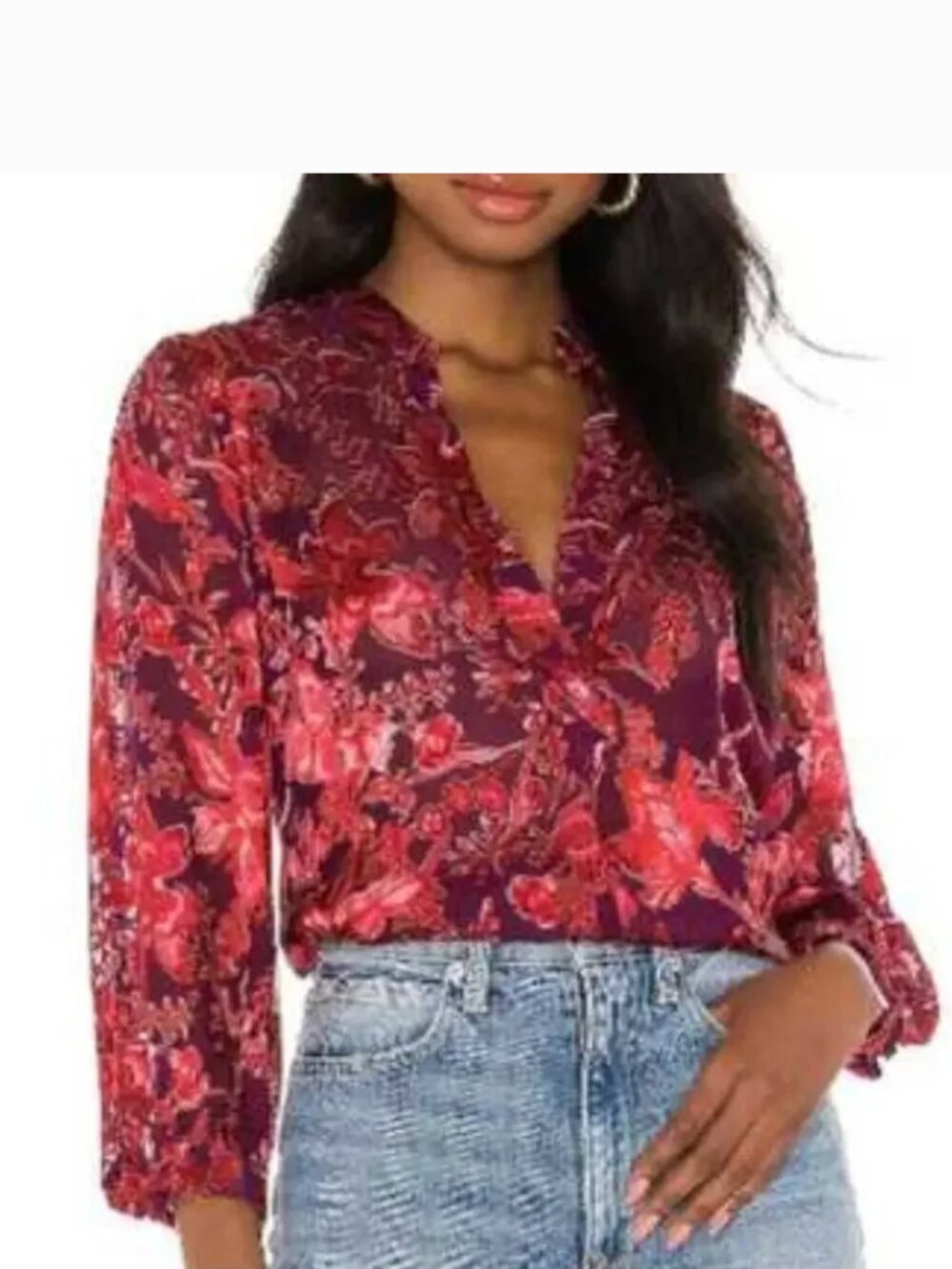 Alice + Olivia Sheila Blouse Floral Red/Purple Velvet Semi Sheer Blouse SZ L